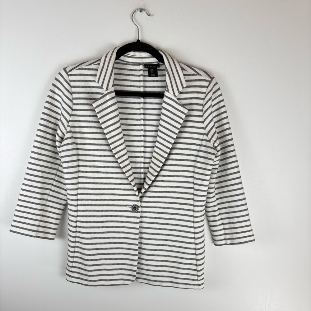 Tahari Womens Medium Blazer Jacket Single Button 3/4 Sleeve Stripe Black Top